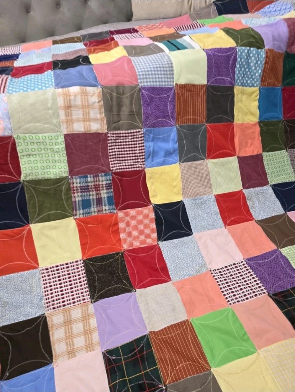 Vintage Handmade Cathedral Windows Reversible Patchwork Quilt